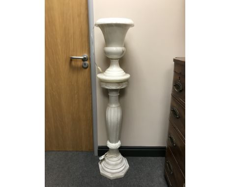 A white marble plant pedestal, with urn shaped table lamp, height 127 cm. (2) 