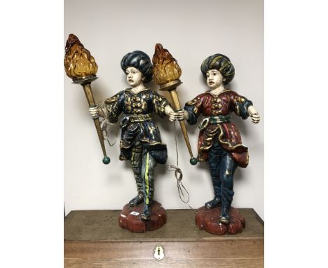 A pair of antique style plaster lamp holders, modelled as jesters, height 76 cm (2)