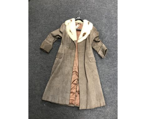 A mid twentieth century fur lined mocha suede lady's coat.