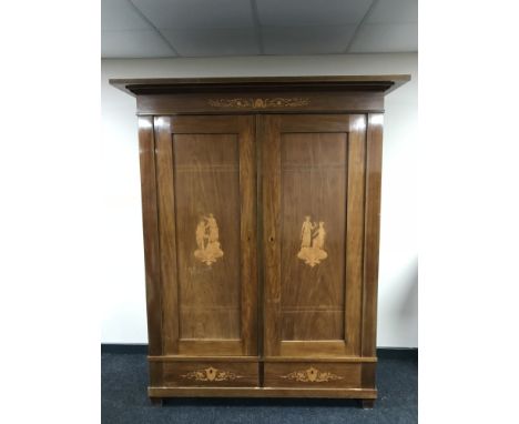 A continental inlaid mahogany double door panel wardrobe, fitted with two drawers, width 164 cm 