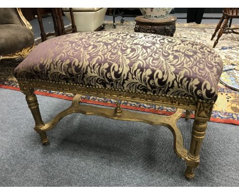 A Louis XV style double dressing table stool, width 93 cm.