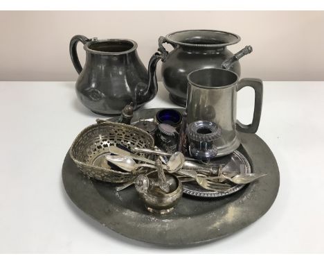 A collection of 19th century and later metal ware including pewter charger, silver mustard pot, Sheffield plated candlestick,