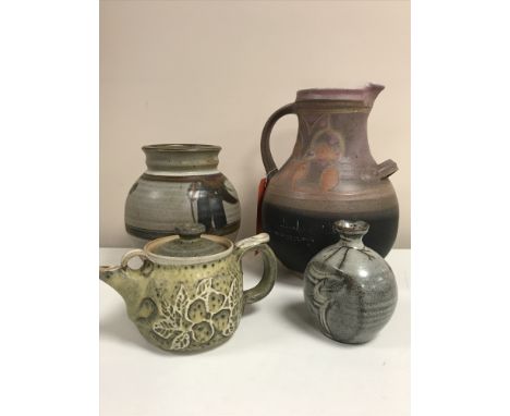 A stoneware pottery vase, probably Jeremy Leach (born 1941), height 12cm, together with three other pieces of studio pottery 