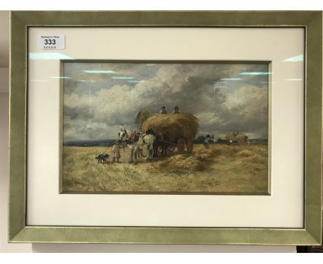 Arthur James Stark (British, 1831-1902) : Farmers at Harvest Time Loading Hay Carts, oil on panel, 19 cm x 29 cm, with exhibi