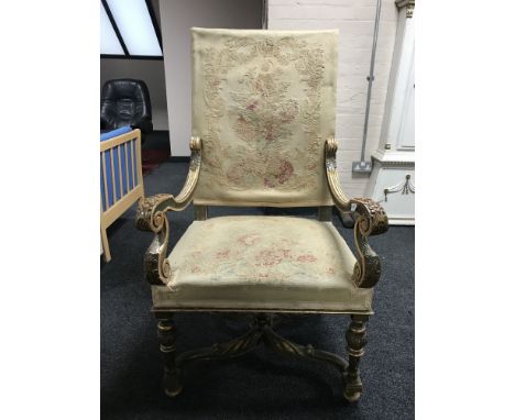 An 18th century style gilded tapestry seated open armchair, width 65 cm 