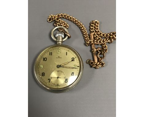 A Rolex Military Issue Open Faced Nickel Plated Pocket Watch, the silvered dial with Arabic numerals (3, 9 and 12 being lumin