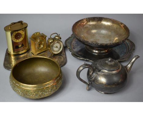 A Collection of Various Metalwares to Include Silver Plated Salvor, Teapot, Bowl, Two Brass Mounted Alarm Clock to Comprise S