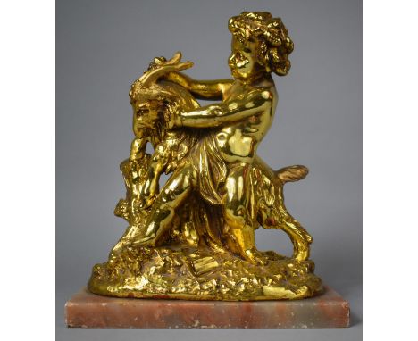 A Table Lamp Base in the Form of a Cherub Wrestling with Goat, Onyx Rectangular Base, 30cm Wide (with Condition Flaws) 