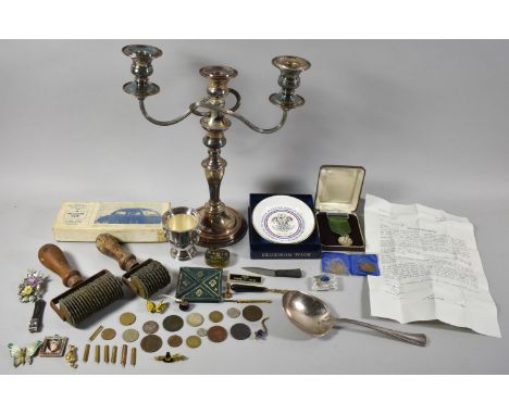 A Collection of Curios to Include Silver Plate Candelabra and Miniature Urn, Royal Worcester Dish, Fishing Rod Car Clips etc 