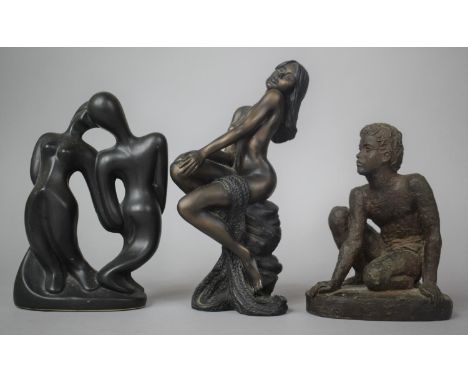 Two Bronze Effect Resin Studies, Seated Boy and Seated Nude Together with a Ceramic Modernist Figure of Couple 