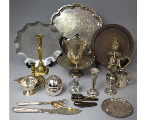 A Collection of Various Metalwares To Comprise Tankard, Berry Spoons, Fish Servers, Brass Nutcrackers, Footed Hot water Jug, 