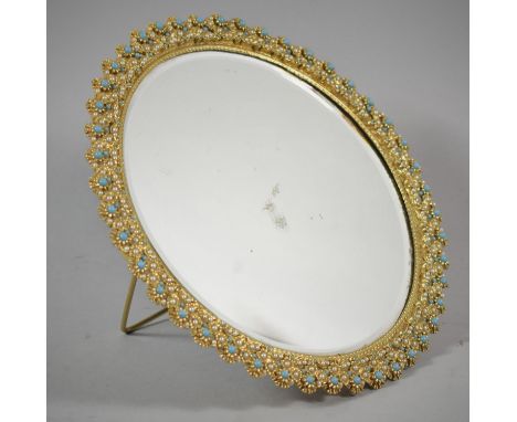 A Circular Gilt Framed Easel Backed Mirror with Turquoise and Pearl Mounts, 18.5cm Diameter 