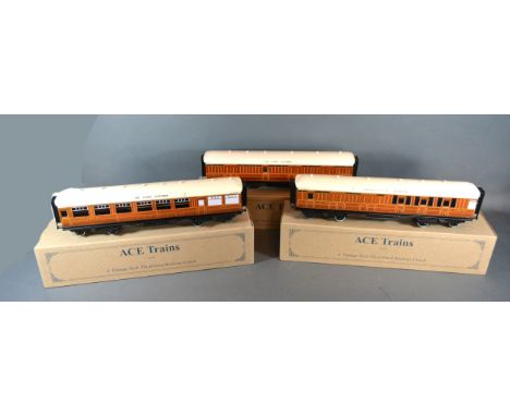 Ace Trains 'The Flying Scotsman' LNER Teak Full Brake 0 Gauge Coach together with another similar buffet car and another coac