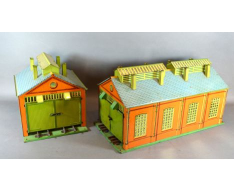 A Hornby O Gauge No2 Double Engine Shed together with a No1 Engine Shed 