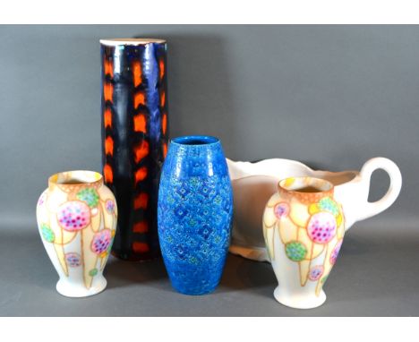 A Poole Pottery Cylindrical Vase with blue and orange decoration 40 cms tall together with a pair of Falcon Ware vases and tw