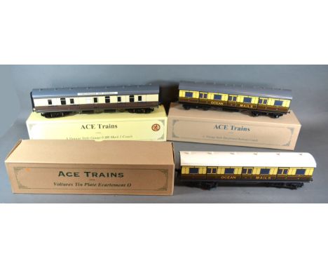 Ace Trains A Vintage Style 0 Gauge BR Mk.I Coach together with two Ace Trains GWR Ocean Mails Tin Plate Vans, boxed 