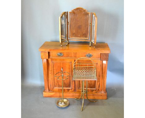 A Victorian Walnut Chiffonier together with a triple folding dressing table mirror, a brass stick stand and a brass magazine 