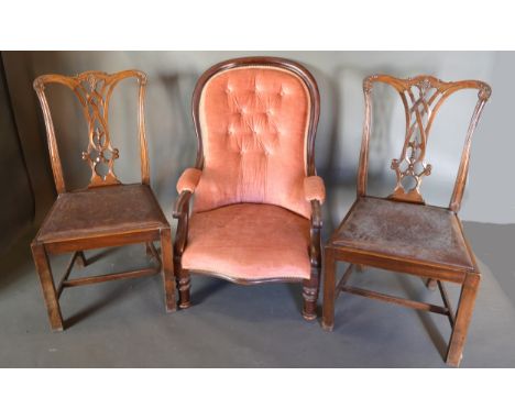 A Victorian Mahogany Drawing Room Armchair, together with a pair of Chippendale style side chairs 