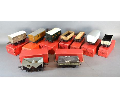 A Hornby Trains No.1 0 Gauge Grain Truck within original box together with a goods brake van, a carriage, a No.1 lumber wagon