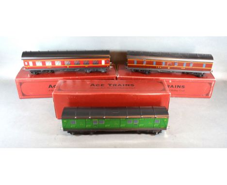 Two Ace Trains 0 Gauge Tin Printed Railway Coaches LMS together with a similar Southern Luggage Van, all boxed 