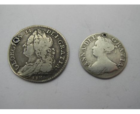 1713 Queen Anne Silver Threepence, Holed, together with a 1746 George II 'Lima' Sixpence, holed.