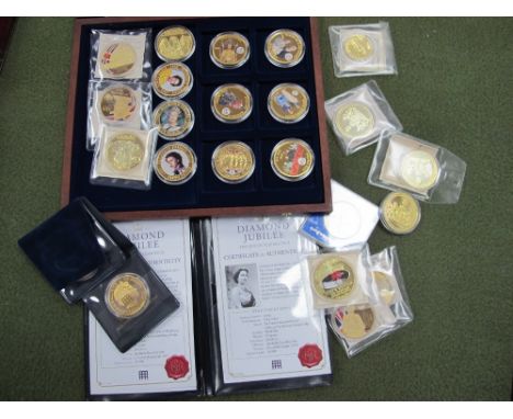 Collection of UK Royal Family Themed Proof Coins, includes a wooden coin box, Diamond Jubilee gold plated 50p's etc.