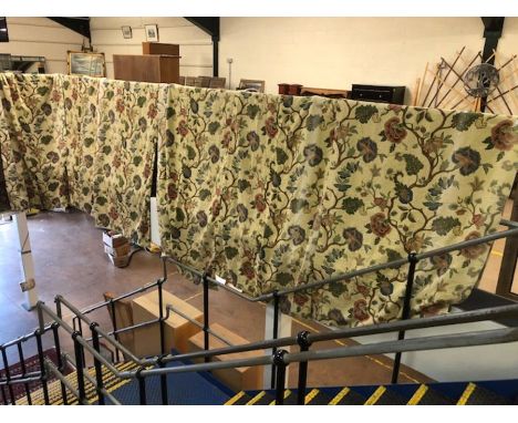 Quantity of textiles:  Six tapestry curtains / panels with floral design on cream background, approx 307cm in drop x 113cm wi