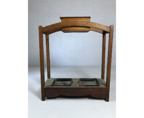 Hall oak stick / umbrella stand with metal drip trays and box with lid, approx 61cm x 23cm x 74cm