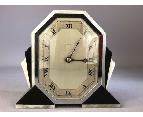 Art Deco White Agate and Slate mantle clock by EMANUEL of SOUTHAMPTON approx 16.5 x 15cm tall with key (winds and runs)