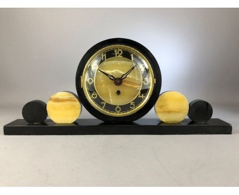 Art Deco slate and agate 30 hour mantle clock, approx 21cm in height x 50cm in length