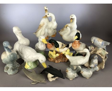 Collection of ceramic figures, mostly ducks, to include Nao and Alfretto, along with two dolphins by Highbank etc (14)