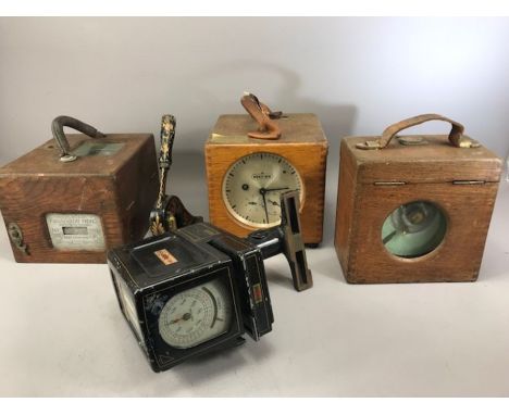 Collection of vintage tools and measuring devices to include a Benzing clock 