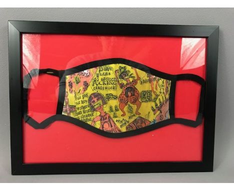 GRAYSON PERRY (b1960) Framed ‘We shall catch it on the Beaches’ face covering, approx 23cm x 32cm 