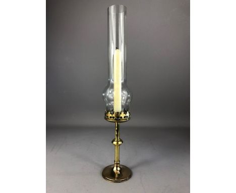 Arts and Crafts brass candle stick with glass shade, approx 42cm in height