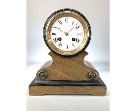 Late 19th century French mahogany drum head clock with enamel face, approx 24cm in height