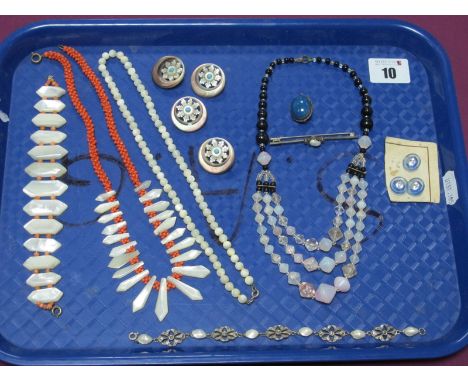 Mother of Pearl Fringe Style Necklace, together with a mother of pearl panel bracelet, a mother of pearl bead necklace, a vin