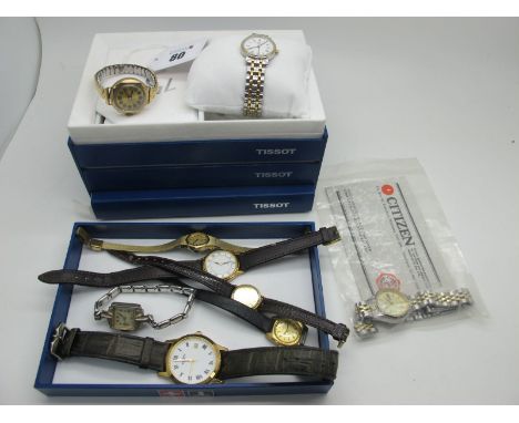 A Vintage 9ct Gold Cased Ladies Wristwatch, on an expanding bracelet; Together with Modern Wristwatches, including boxed Tiss