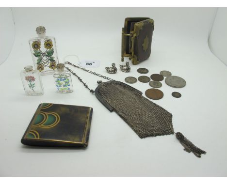 A Hallmarked Silver Mesh Link Ladies Evening Bag, with arched frame (6.9cm wide at hinge); together with decorative glass sce