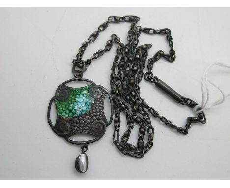 A Pendleton &amp; Sons Hallmarked Silver Art Nouveau Enamel Pendant, highlighted in blue/green (enamel loss), susoending oval
