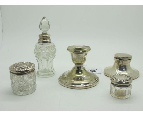 A Hallmarked Silver Inkwell, (damages); together with a hallmarked silver mounted cut glass scent bottle, two hallmarked silv