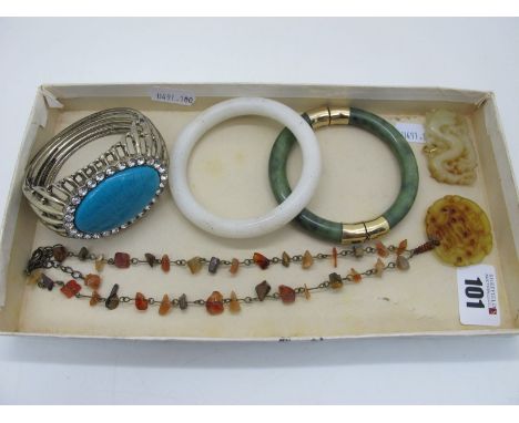 A Polished Green Hardstone Hinged Bangle, a white bangle, Chinese style necklace, etc. 