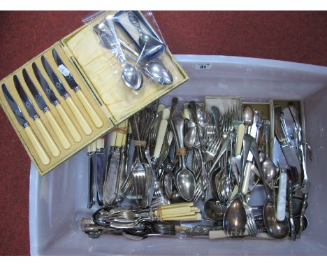 A Mixed Lot of Assorted Plated Cutlery, including cased set of knives, 1953 Coronation souvenir caddy spoon, a set of six Elk