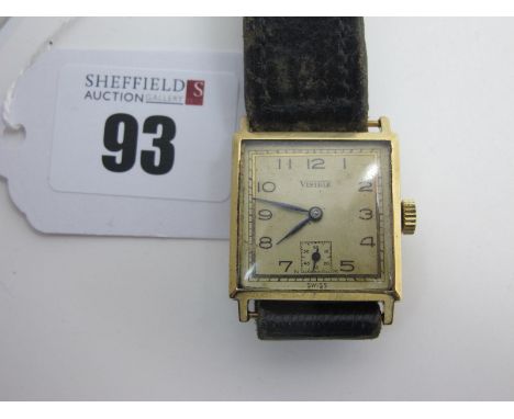 Visible; A Vintage 9ct Gold Cased Wristwatch, the square signed dial with Arabic numerals and seconds subsidiary dial, within