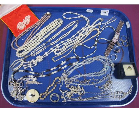 Fresh Water and Imitation Pearl Bead Necklaces, diamanté necklaces and brooches, assorted rings, a ladies Seksy wristwatch, e