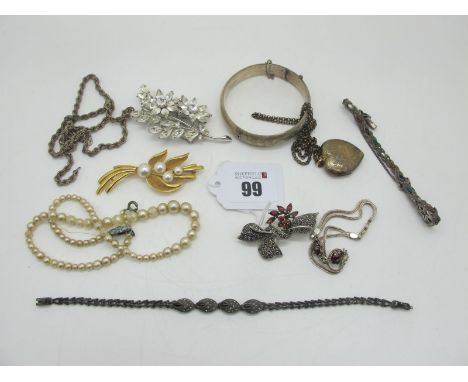 A Heart Shape Locket Pendant, scroll engraved, on a chain, a modern marcasite set brooch (stamped "925", further brooch, marc