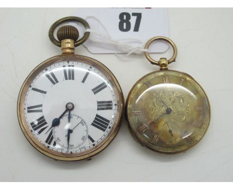 An Openface Pocketwatch, the white dial with bold black Roman numerals and seconds subsidiary dial, within engine turned case