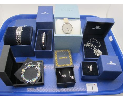 Swarovski; A Modern Ladies Wristwatch, boxed; together with a Skagen ladies wristwatch, Swarovski dress ring, Susan Y bracele