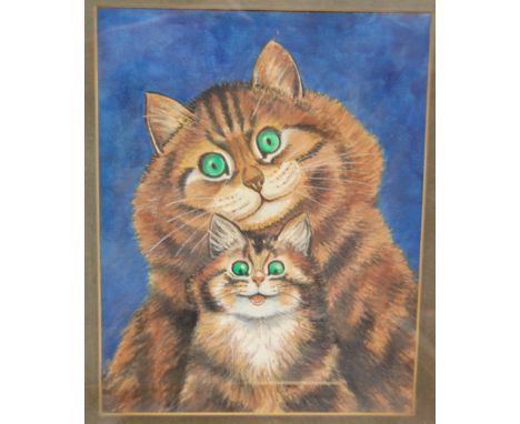After Louis Wain - four various cat cartoon prints, and one other original watercolour after the artist bearing signature (5)