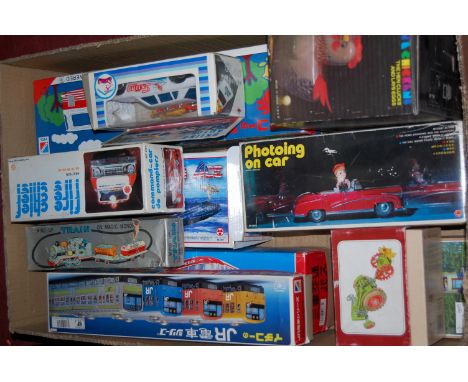 Box of various boxed tinplate toys to inc. Ichiko Toys locomotive, wind-up train on Magic Monorail etc