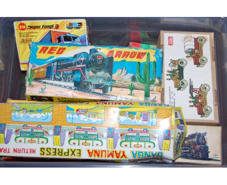 One box of mixed tinplate and diecast toys to inc. Red Arrow friction powered locomotive, Matchbox Superkings, windup knittin